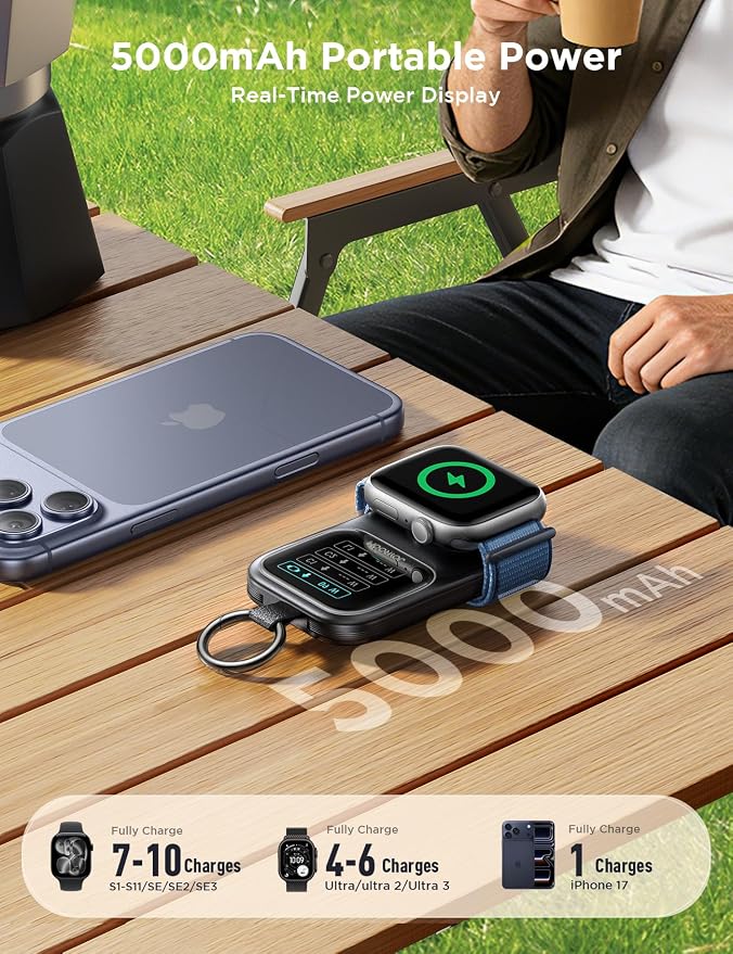 JOYROOM Portable Charger for Apple Watch, 5000mAh Power Bank 20W PD Fast Charging Dual Built-in Cables &4 Outputs, Compact Travel Keychain Battery Pack for iPhone 17/16/15/14/13& Apple Watch, Black