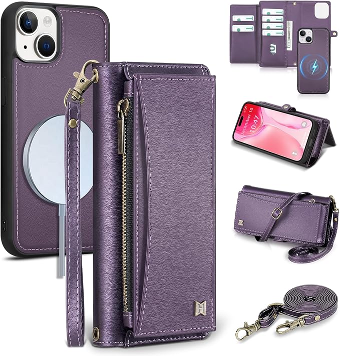 Wallet Case for iPhone 15 Plus with Card Holder/Crossbody Wallet/Strap| RFID Blocking | Magnetic | Kickstand | Detachable | PU Leather Phone Case for iPhone 15 Plus,6.7 in,Purple