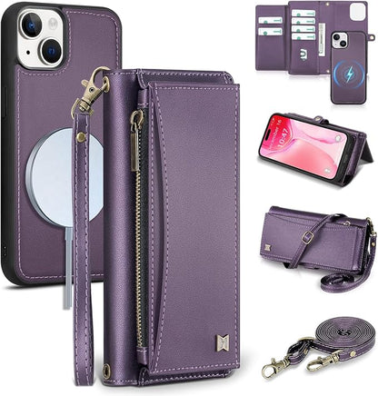 Wallet Case for iPhone 15 Plus with Card Holder/Crossbody Wallet/Strap| RFID Blocking | Magnetic | Kickstand | Detachable | PU Leather Phone Case for iPhone 15 Plus,6.7 in,Purple