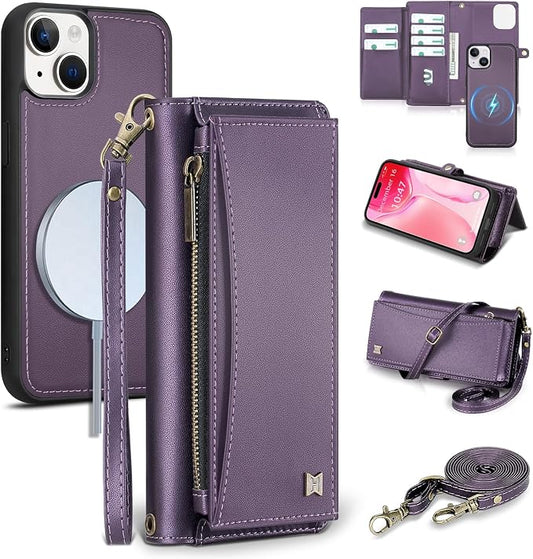 Wallet Case for iPhone 15 Plus with Card Holder/Crossbody Wallet/Strap| RFID Blocking | Magnetic | Kickstand | Detachable | PU Leather Phone Case for iPhone 15 Plus,6.7 in,Purple