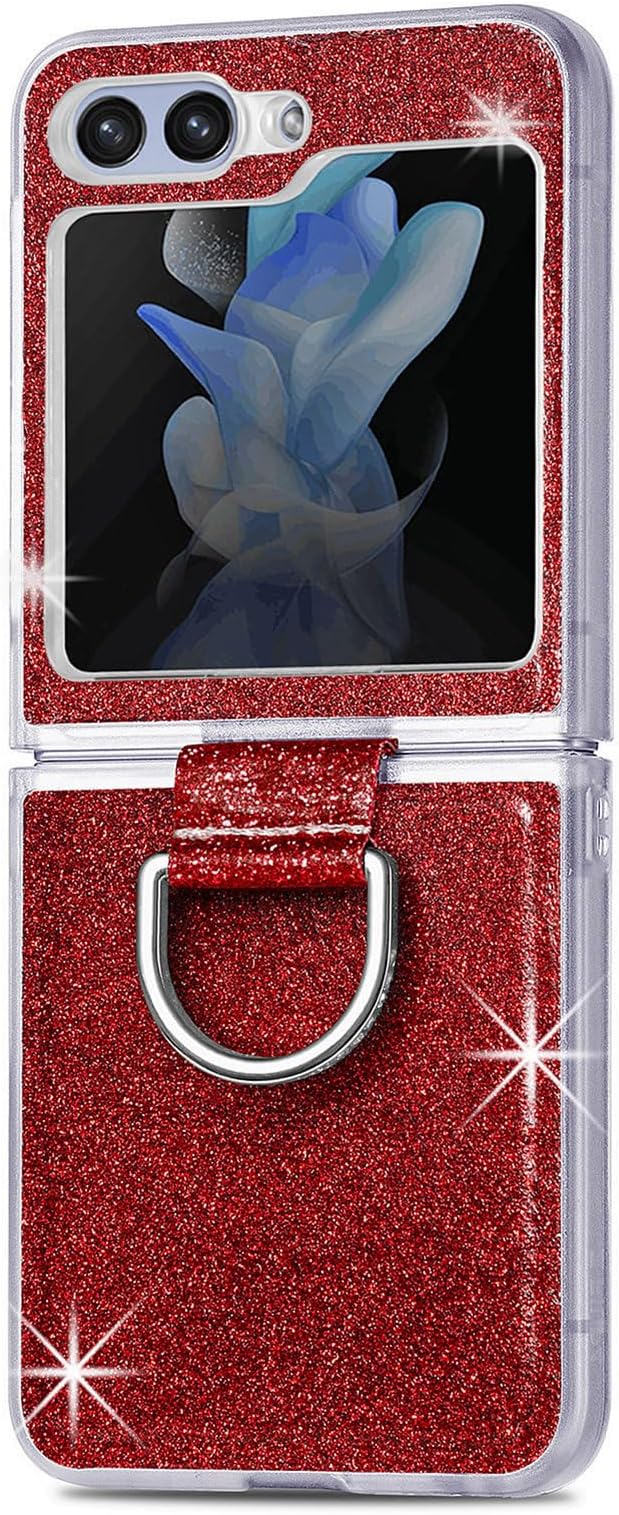 Bling Glitter Case for Samsung Galaxy Z Flip 6 with Ring Holder,Women Girls Cute Phone Case Non Slip Ultra Slim TPU Bumper Shockproof Protective Case for Galaxy Z Flip 6 5G 2024,Red