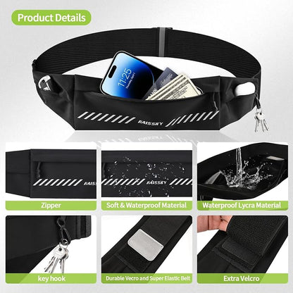 Slim Running Belt Fanny Pack for Men Women, Running Phone Holder, Waist Pack Runners Bag Money Belt with 3 Separate Pouch to Store Your Phone Key Money Safe, Waist Bag-Black
