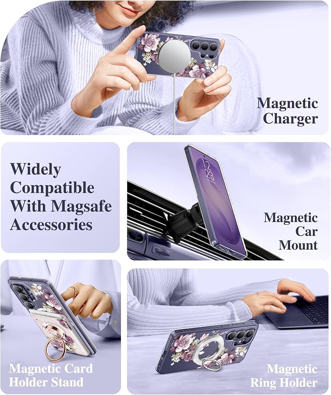 GVIEWIN for Samsung Galaxy S26 Ultra Case Compatible with MagSafe, Clear Floral Shockproof Protective Women Phone Case, Non-Yellowing, Screen &Camera Lens Protector for S26 Ultra 6.9", Cherry Blossoms