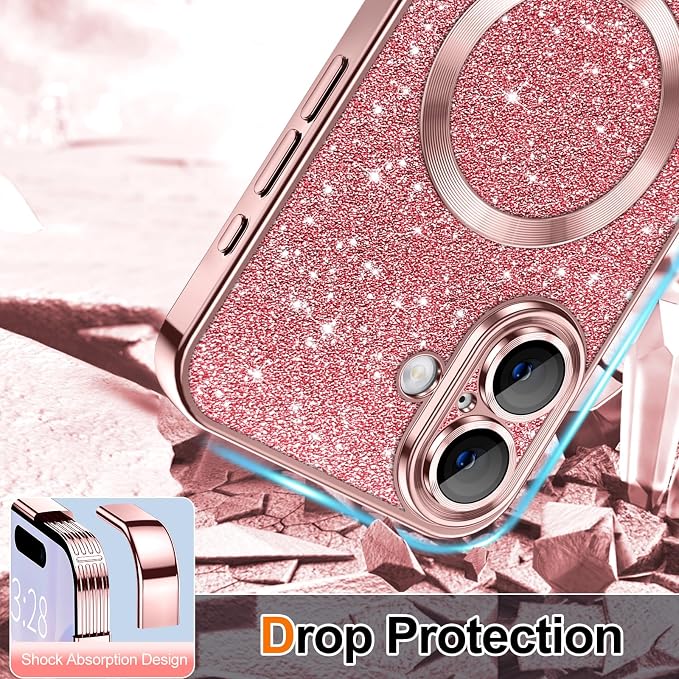 Hython for iPhone 17 Case Glitter Clear Magnetic Phone Cases [Compatible with MagSafe] Full Camera Lens Protector Sparkle Luxury Plating Slim Shockproof Protective Cover Women, Pink