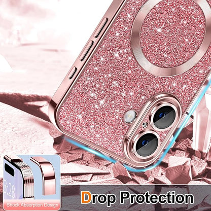 Hython for iPhone 17 Case Glitter Clear Magnetic Phone Cases [Compatible with MagSafe] Full Camera Lens Protector Sparkle Luxury Plating Slim Shockproof Protective Cover Women, Pink