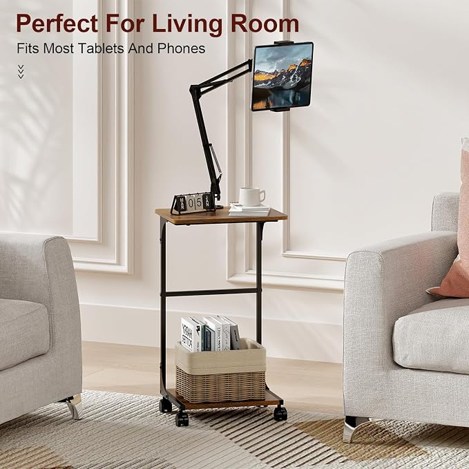 Floor Kindle Tablet iPad Stand with 2-Tier Storage Shelves,Angle Height Adjustable iPad Tablet Kindle Holder for Bed with 360-Degree Rotating Wheels, Compatible with 4.7"-13" Kindle Cell Phone iPhone