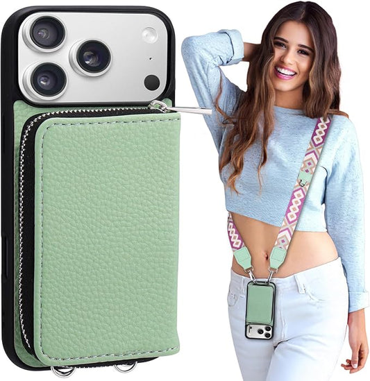 XANGNIER Wallet Case for iPhone 17 Pro with Strap, RFID Blocking PU Leather Crossbody Phone Purse with Card Holder, Zipper Pocket, Wrist Strap & Adjustable Lanyard for Women 6.3" 5G,Green