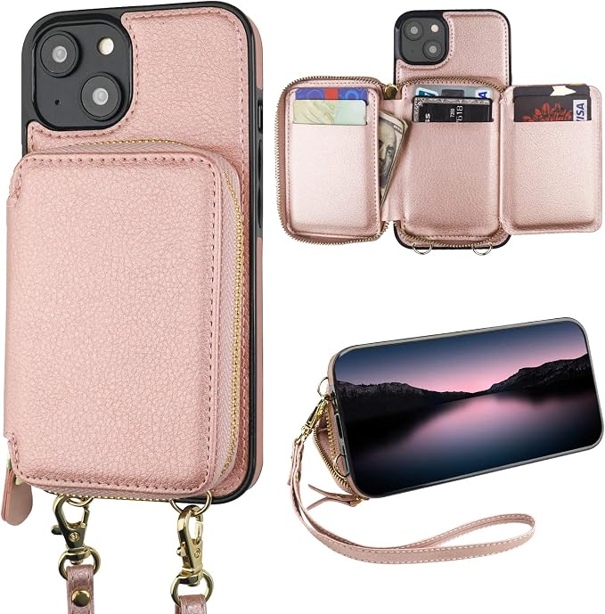 Bocasal RFID Blocking Wallet Case for iPhone 14 Plus, Adjustable Crossbody Zipper Purse Case Card Holder with Kickstand Detachable Wrist Strap, PU Leather Flip Folio Case 6.7 Inch 5G (Rose Gold)