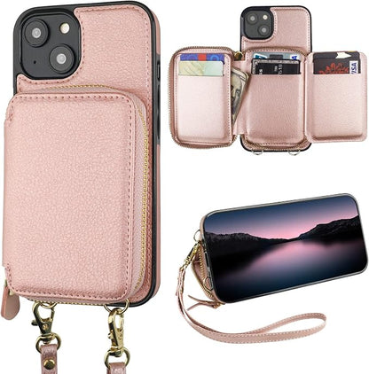 Bocasal RFID Blocking Wallet Case for iPhone 14 Plus, Adjustable Crossbody Zipper Purse Case Card Holder with Kickstand Detachable Wrist Strap, PU Leather Flip Folio Case 6.7 Inch 5G (Rose Gold)