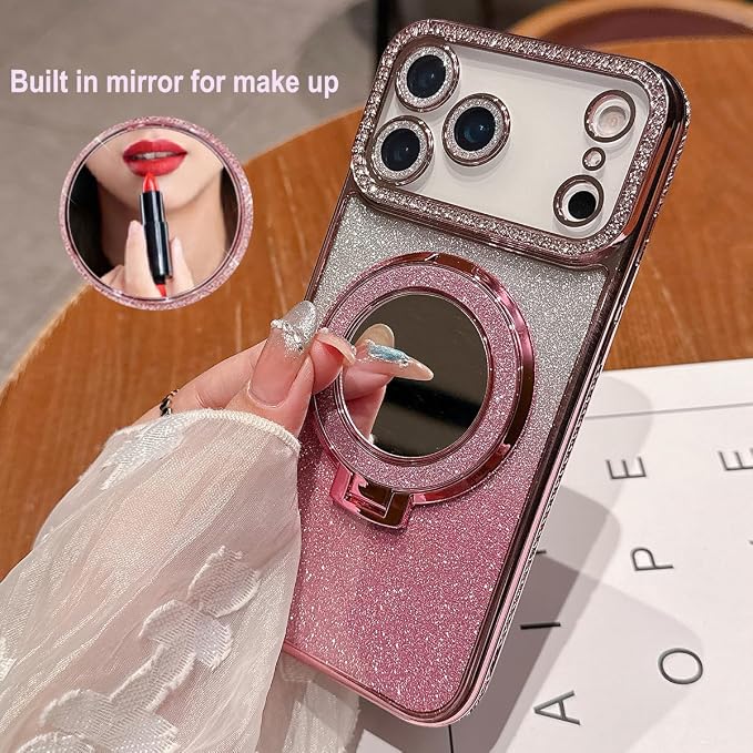 for iPhone 17 Pro Magnetic Kickstand Case, [Compatible with Magsafe] Shockproof Glitter Cute Bling Cover Makeup Mirror Ring Holder Camera Protector for Girls Woman for iPhone 17 Pro, Silver