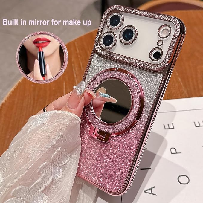 for iPhone 17 Pro Magnetic Kickstand Case, [Compatible with Magsafe] Shockproof Glitter Cute Bling Cover Makeup Mirror Ring Holder Camera Protector for Girls Woman for iPhone 17 Pro, Pink