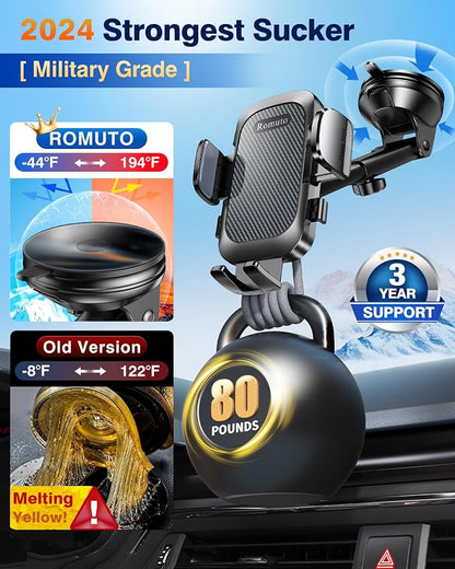 Romuto Phone Holders for Your Car Phone Holder Mount【Super Suction】Cell Phone Mount for Car Accessories for Women Men Windshield/Vent/Dash Truck Stand Desk Mount Clamp Holder for iPhone Samsung Camera