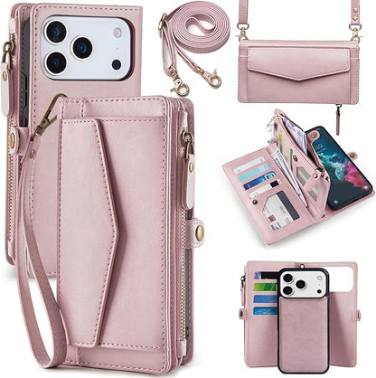 Compatible with iPhone 17 Pro 6.3" Wallet Case with RFID Blocking Card Holder for Women, PU Leather Flip Zipper Wallet Detachable Magnetic Phone Case Crossbody Strap, Pink