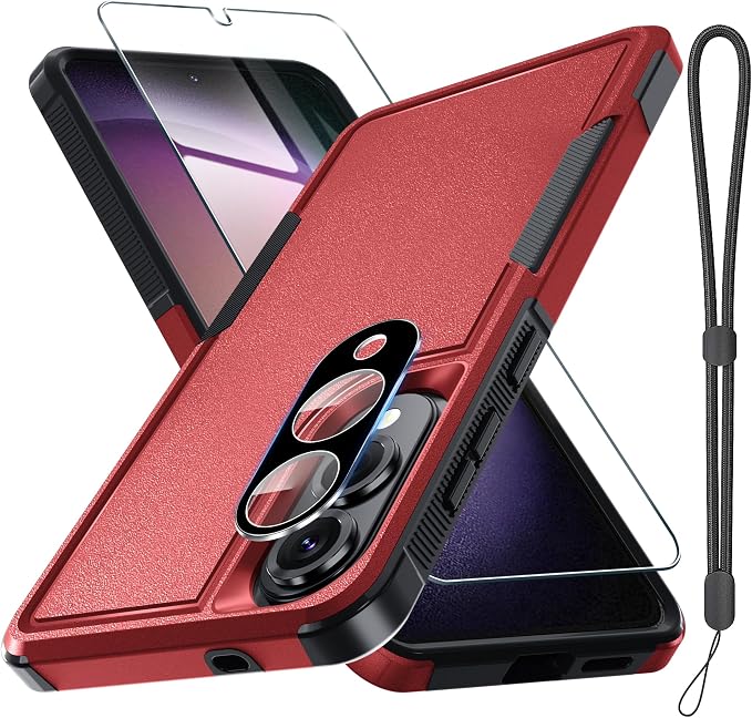 RMOCR Case for Samsung Galaxy S25 Edge, Full Body Heavy Duty Rugged Shockproof Protective Phone Cover with Lanyard Strap, Tempered Glass Screen Protector and Camera Lens Cover, Red