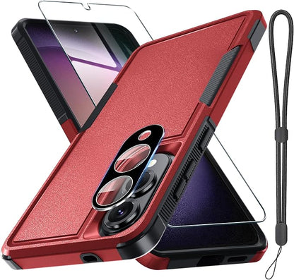 RMOCR Case for Samsung Galaxy S25 Edge, Full Body Heavy Duty Rugged Shockproof Protective Phone Cover with Lanyard Strap, Tempered Glass Screen Protector and Camera Lens Cover, Red