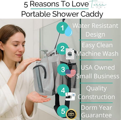 TERRA HOME Portable Shower Caddy Bag- Large Capacity, Quick Dry with Metal Hook - Hanging Shower Bag - Breathable Mesh Toiletry Shower Tote for Gym and College Dorm (Grey, Extra Large)