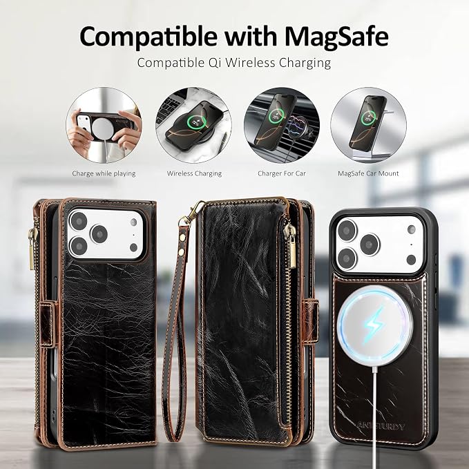 Antsturdy Compatible with Magsafe Magnetic 2 in 1 Detachable iPhone 17 Pro Wallet Case with Credit Card Holder Slots,PU Leather RFID Blocking Phone Cover Wrist Strap Zipper Women Men,Coffee