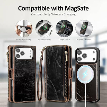 Antsturdy Compatible with Magsafe Magnetic 2 in 1 Detachable iPhone 17 Pro Wallet Case with Credit Card Holder Slots,PU Leather RFID Blocking Phone Cover Wrist Strap Zipper Women Men,Coffee