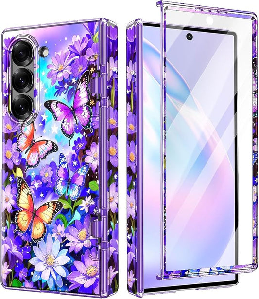 Btscase for Samsung Galaxy Z Fold 6 Case,Built in Front Screen Protector,Gold Glitter Marble Pattern Hard PC Slim Shockproof Full Body Drop Protective Case for Galaxy Z Fold 6 5G, Bright Purple