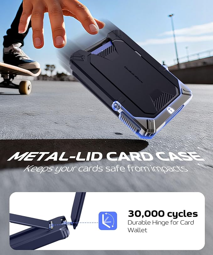 GolbinBox for MagSafe Wallet with Stand, Magnetic Phone Card Holder for Men, Holds 4 Cards with RFID Blocking, Slide-Open Metal Cover, Built-in Kickstand for iPhone 17/16/15/14/13/12 Series, Blue