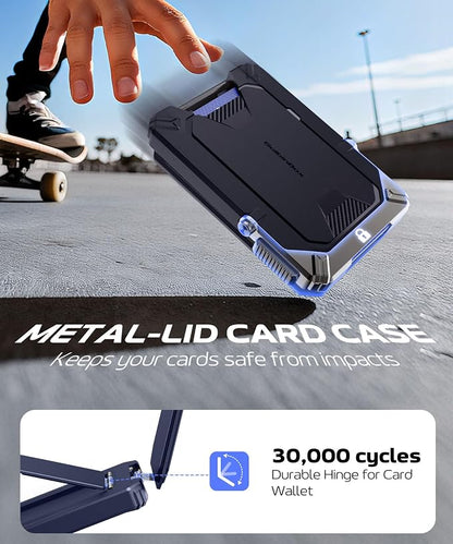 GolbinBox for MagSafe Wallet with Stand, Magnetic Phone Card Holder for Men, Holds 4 Cards with RFID Blocking, Slide-Open Metal Cover, Built-in Kickstand for iPhone 17/16/15/14/13/12 Series, Blue
