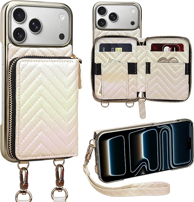 Keallce Wallet Case for iPhone 17 Pro Max 6.9", Crossbody Zipper Purse with Wristlet Strap, 4 Card Slots with RFID Blocking and Kickstand, Electroplated Leather Case for Women (Gold)