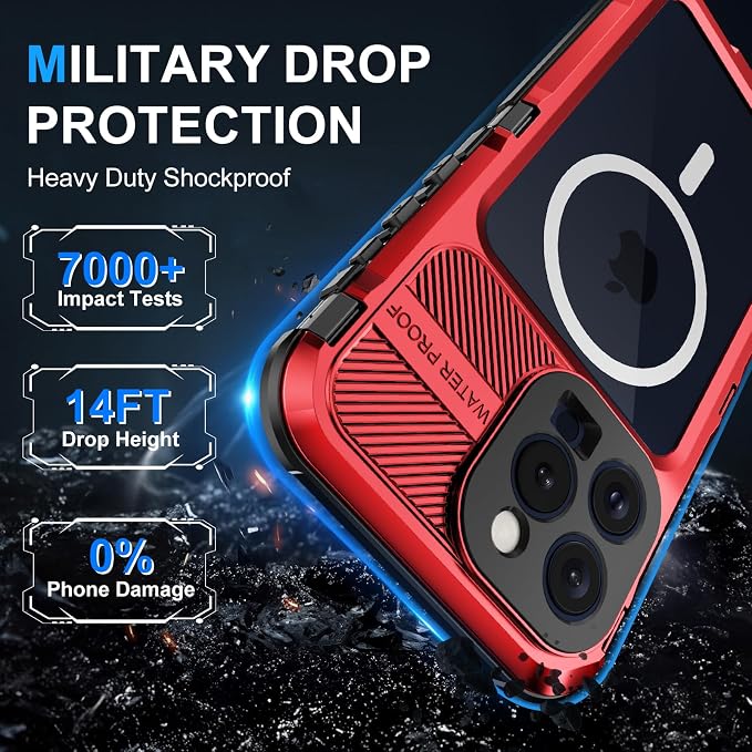 WIFORT for iPhone 15 Pro Waterproof Case - Metal Heavy Duty Full Body Protective Cover Built-in Screen Protector, IP68 Water Proof Military Grade Shockproof Rugged Drop Defender Phone case 6.1" Red