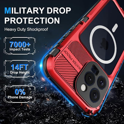 WIFORT for iPhone 15 Pro Waterproof Case - Metal Heavy Duty Full Body Protective Cover Built-in Screen Protector, IP68 Water Proof Military Grade Shockproof Rugged Drop Defender Phone case 6.1" Red