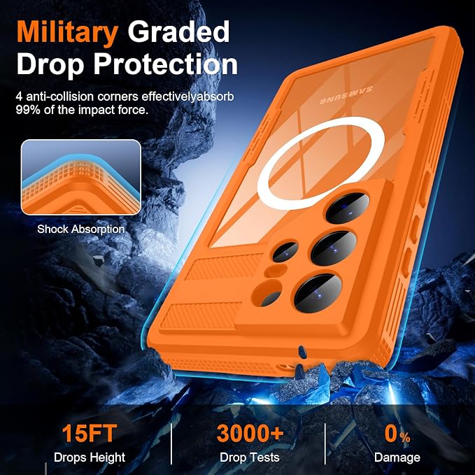 GOLDJU for Samsung Galaxy S26 Ultra Case Waterproof, S26 Ultra Case with Built-in Screen & Lens Protector, Shockproof Full Body Protection Phone Case, Compatible with MagSafe/Wireless Charging, Orange