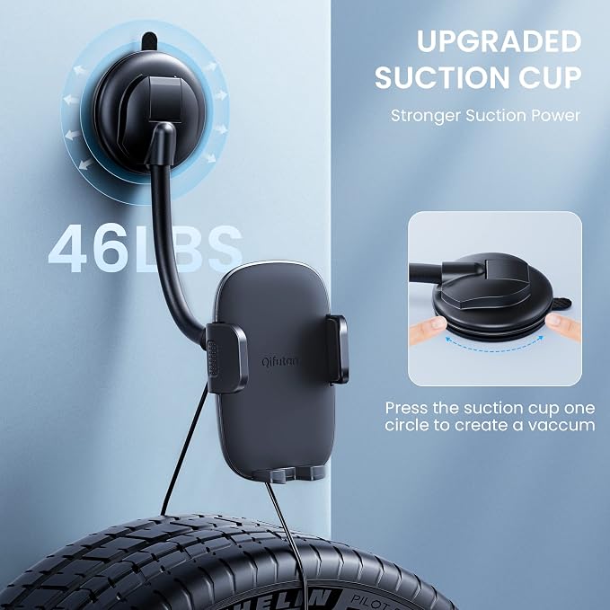 Qifutan Cell Phone Holder for Car Phone Mount Long Arm Dashboard Windshield Car Phone Holder Anti-Shake Stabilizer Phone Car Holder Compatible with All Phone Android Smartphone, Black