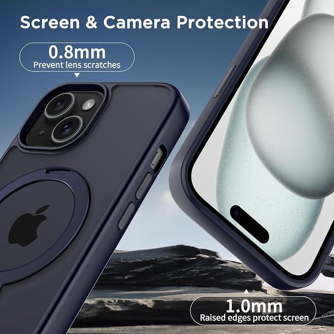 CACOE Magnetic Case for iPhone 15 6.1 inch with 360 Rotatable Ring Stand, Compatible with MagSafe Car Phone Mount, Cases Cover Phone Holder for Desk Meeting/Videos Dark Blue
