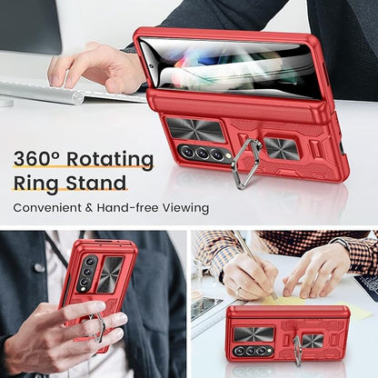 VEGO for Galaxy Fold 4 Case, Samsung Z Fold 4 with Slide Camera Cover | Hinge Protection & Screen Protector, Built-in 360° Magnetic Ring Stand Case for Samsung Galaxy Z Fold 4 5G 2022 - Red