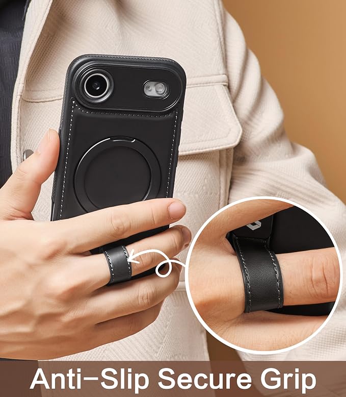 for iPhone Air Leather Case with Stand, Anti-Slip Grip Ring, Fits for MagSafe (Black, iPhone Air)