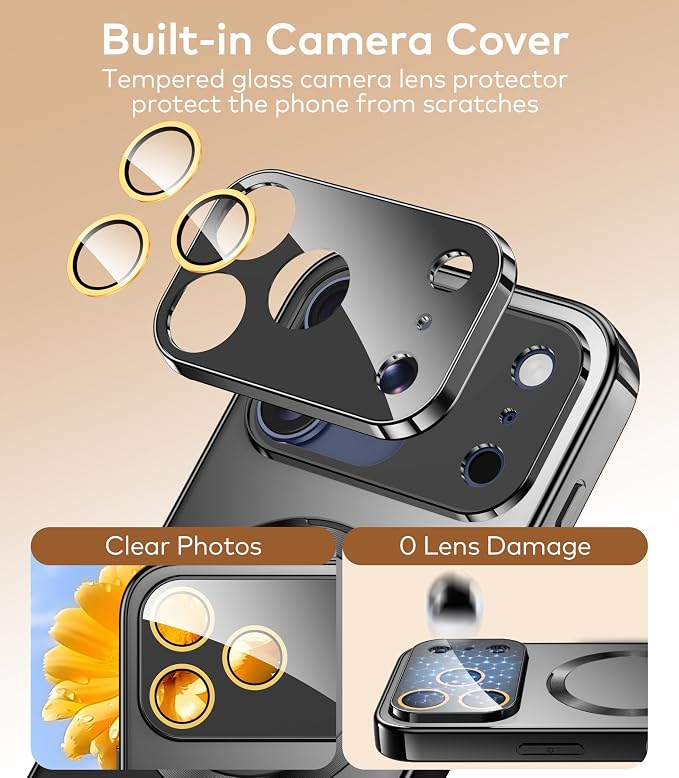 Magnetic for iPhone 17 Pro Max Case with Ring Stand, Fits MagSafe, with Built-in Camera Lens Protector, Slim Electroplated Shockproof Phone Cover, Black