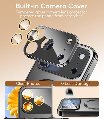 Magnetic for iPhone 17 Pro Max Case with Ring Stand, Fits MagSafe, with Built-in Camera Lens Protector, Slim Electroplated Shockproof Phone Cover, Black