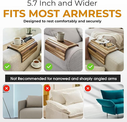 Couch Cup Holder Tray with 2 Cork Coasters, Caddy, Anti-Slip Foldable Armrest Sofa Tray, Anti-Spill Holder for Remote, Snacks, Cellphone - Ideal Gift (Acacia Wood)