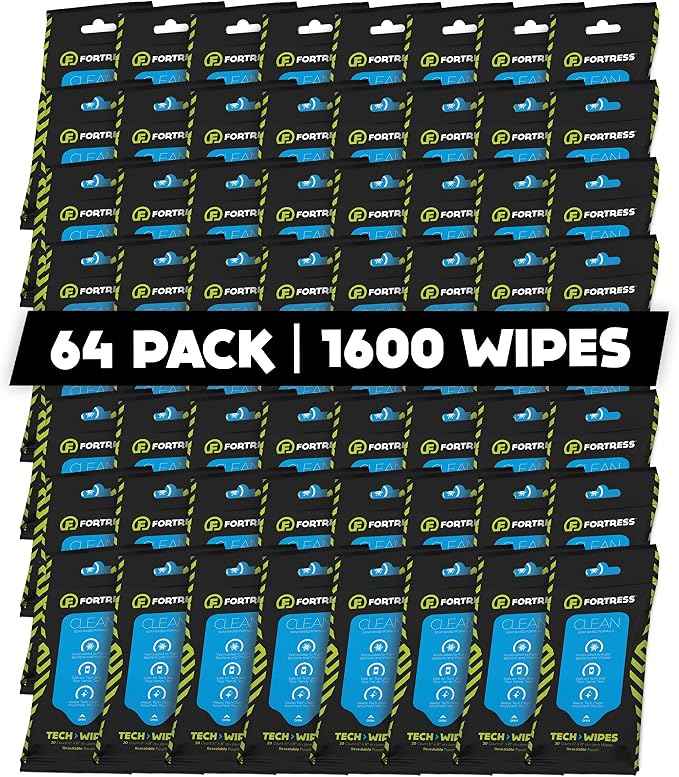 Fortress Electronic Wipes (25 ct, Pack of 64) To-Go Tech Wipes for Screens, Phones, Keyboards, TV Monitors, Computer Screens, and More [Travel Size] Skin-Safe