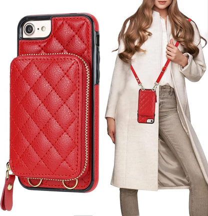 Bocasal Crossbody Wallet Case for iPhone SE 2022/SE 2020/8/7, RFID Blocking PU Leather Zipper Handbag Purse Flip Cover, Kickstand Folio Case with Card Slots Holder Wrist Strap Lanyard 4.7 Inch (Red)