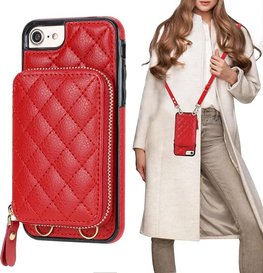 Bocasal Crossbody Wallet Case for iPhone SE 2022/SE 2020/8/7, RFID Blocking PU Leather Zipper Handbag Purse Flip Cover, Kickstand Folio Case with Card Slots Holder Wrist Strap Lanyard 4.7 Inch (Red)