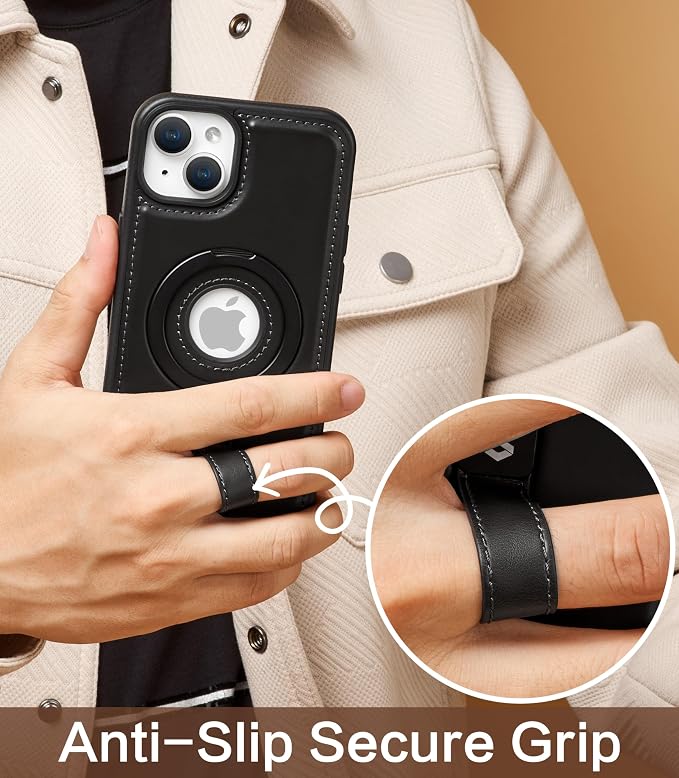 for iPhone 15 Plus/iPhone 14 Plus Leather Case with Stand, Anti-Slip Grip Ring, Fits for MagSafe (Black, iPhone 15/14 Plus)