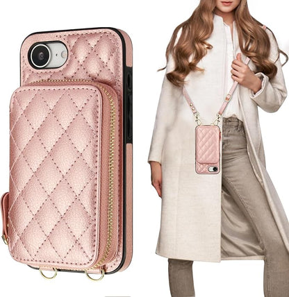 Bocasal Crossbody Wallet Case for iPhone 17e/16e, RFID Blocking PU Leather Zipper Handbag Purse Flip Cover, Kickstand Folio Case with Card Slots Holder Wrist Strap Lanyard 6.1 Inch 5G (Rose Gold)