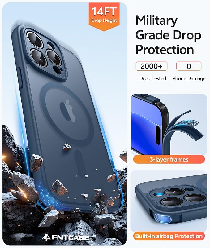 FNTCASE for iPhone 14 Pro Max Case: [Compatible with Magsafe] Translucent Matte Cases with [Full Camera Protection] [Screen Protector] Military Grade Shockproof Protective Phone Cover - Blue