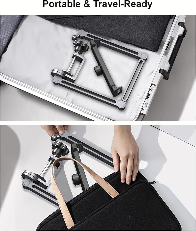 Tablet Arm Mount with Super Grip, Adjustable Foldable Holder & Heavy Duty Aluminum 360° Rotating Clamp for iPad, Phone, Monitor, Kindle - Universal for Desk, Bed, Kitchen - Gray