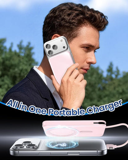 golioklsy Portable Charger Power Bank, 10000mAh Phone Charger with Built-in Cable, 20W PD Fast Charging, Slim Battery Pack with LED Display, Travel Essential for iPhone 17/16/15/14 All Series, Pink