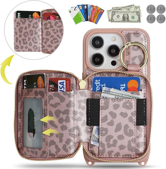 Crossbody Wallet Case for iPhone 14 pro, PU Leather Zipper Handbag Purse Flip Cover, Kickstand Folio Case with Card Slots Holder Wrist Strap Lanyard 5G 6.1 Inch-Pink Leopard