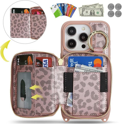 Crossbody Wallet Case for iPhone 14 pro, PU Leather Zipper Handbag Purse Flip Cover, Kickstand Folio Case with Card Slots Holder Wrist Strap Lanyard 5G 6.1 Inch-Pink Leopard