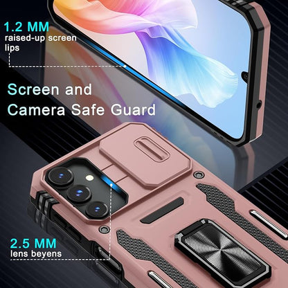 DEERLAMN Case for Samsung Galaxy A15 5G with Slide Camera Cover+Screen Protector (1 Pack), Rotated Ring Kickstand Military Grade Shockproof Protective Cover-Rose Gold