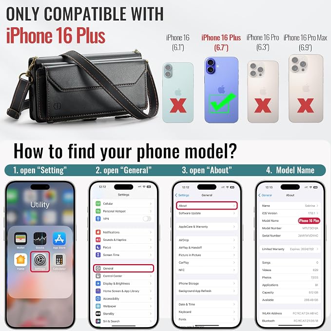 Strapurs Wallet Case Compatible with iPhone 16 Plus 6.7" RFID Blocking 10-Card Holder Soft PU Leather Magnetic Snap Shoulder Strap Zipper Pocket Phone Case Fit for iPhone 16 Plus - Black