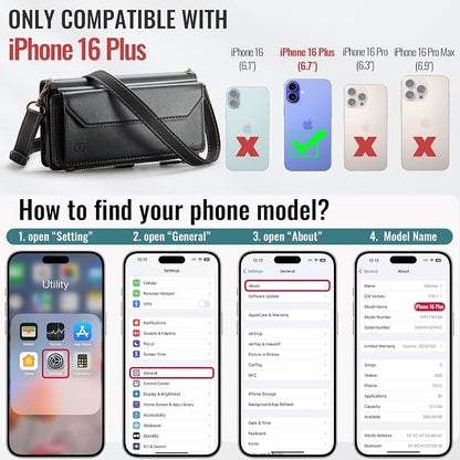 Strapurs Wallet Case Compatible with iPhone 16 Plus 6.7" RFID Blocking 10-Card Holder Soft PU Leather Magnetic Snap Shoulder Strap Zipper Pocket Phone Case Fit for iPhone 16 Plus - Black