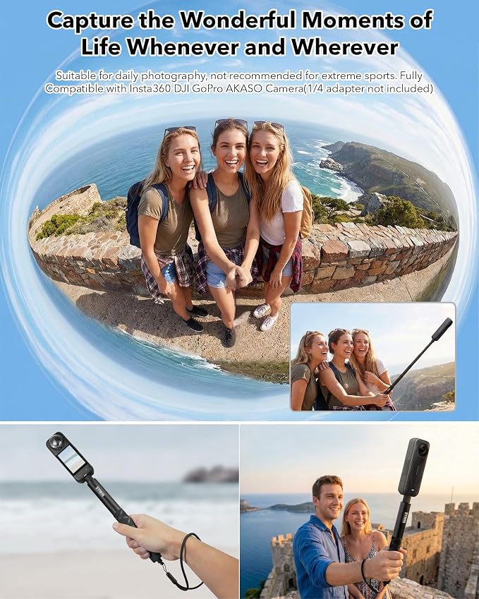 SYMIK Invisible Selfie Stick for Insta360 (120cm/47.2in), Aluminum Alloy Extension Stick Portable Extendable Monopod Pole with 1/4'' Screw and Wrist Strap for Insta 360 X5 X4 Air X3 ONE X2 Osmo 360